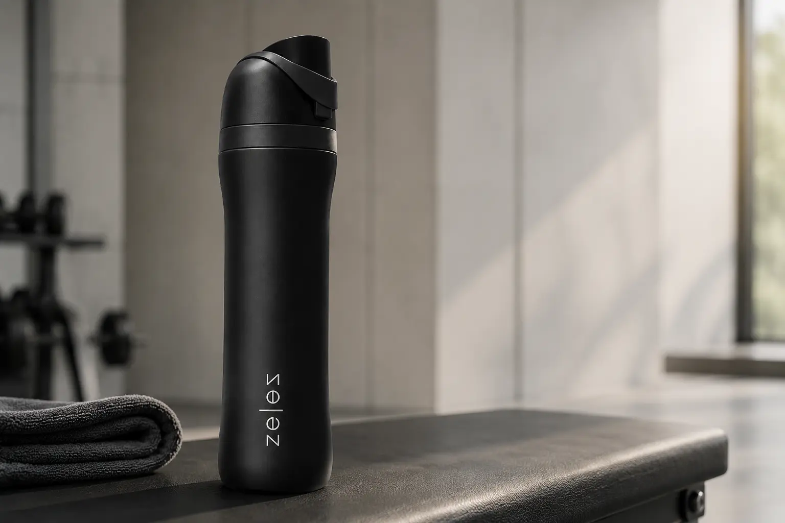Black Zelez bottle in a modern training space
